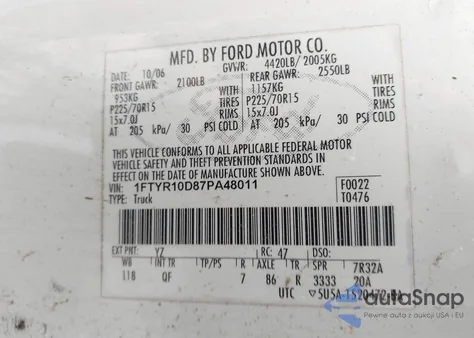 2007 Ford Ranger Stx/Xl/Xlt из США, поврежденный, VIN 1FTYR10D87PA48011